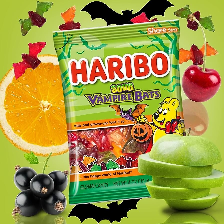 Haribo Sour Vampire Bats Gummy Candy 12 Pack — 4 oz Bag Each — Halloween Fruit-Flavored Sour Gummies