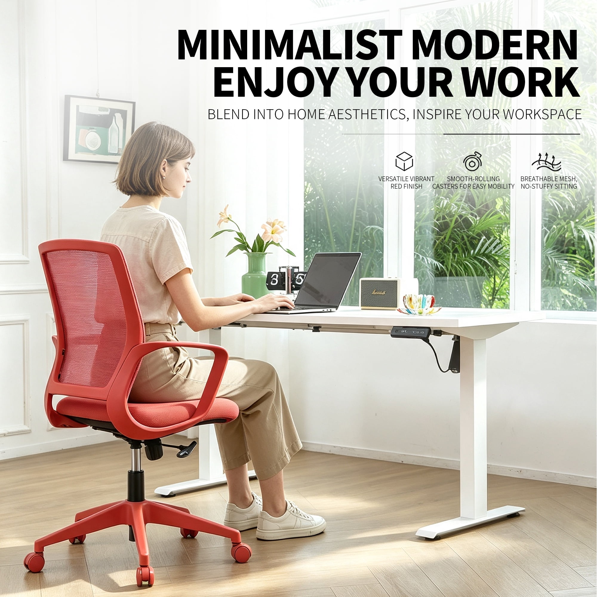 Colorful Office Task Chair 350LBS, Home Office, Mesh Back,Comfortable Sitting, Fixed Armrest, Swivel, Height Adjustable Chair (Red)