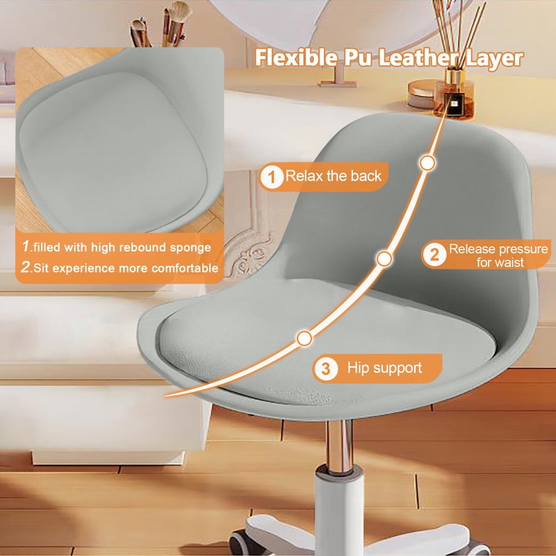 XUEGW Small Desk Task Chair 2 Pack, Cute Armless Vanity Chairs with Soft Padded Cushion, Plastic Height-Adjustable Home Office Chairs for Teens Girls, Gray
