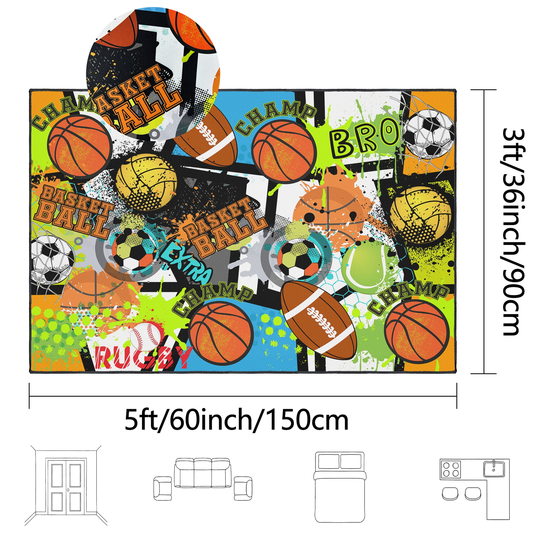 Sport Rug with Football,Basketball and Baseball Prints,Non-Slip 3x5ft Area Rugs for Bedroom Living Room Decor