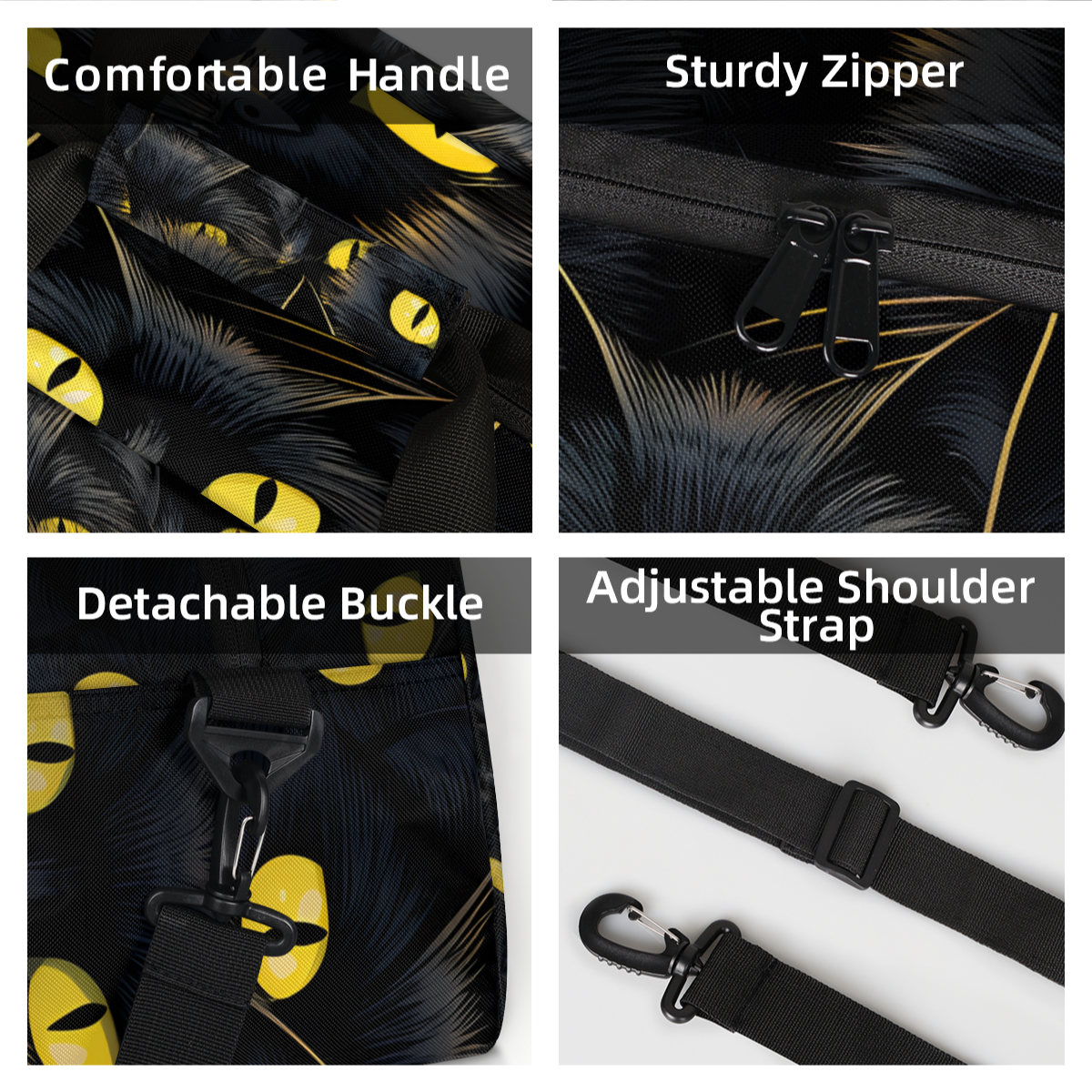Herdesigns Funny Sports Duffle Bag for Women & Men, Black Cat Gym Bag Dance Bag Overnight Bag Carry On Weekender Travel Bag