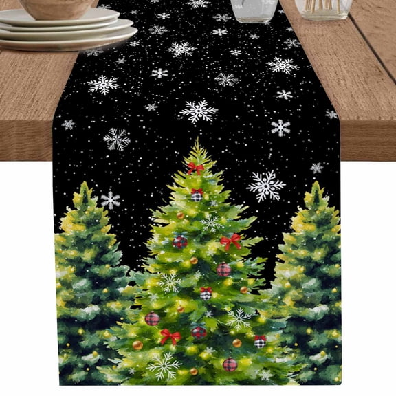 nqOlkjepod Christmas Snowflakes Table Runner 60 Inches Long Farmhouse Dress Scarves, Xmas Winter Green Pine Trees Black Dining Tablerunner for Coffee Table/Kitchen Island/Party Décor, 13" x 60"