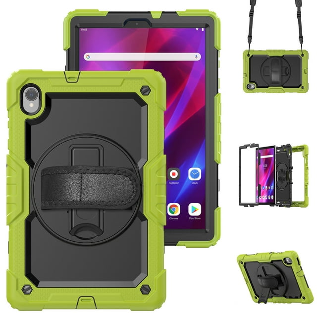 Case for Lenovo Tab K10 10.3 Inch / M10 FHD Plus 2020 2nd Gen with Screen Protector, 360 Degree Rotating Kickstand Hand Strap Heavy Duty Shockproof Cover with Shoulder Strap, Lime