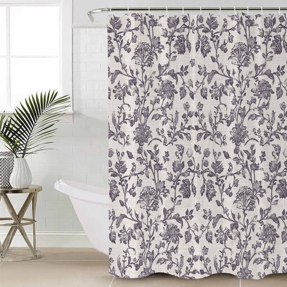 Spring Flowers Shower Curtain Set, Waterproof Shower Curtains for Bathroom, Farmhouse Purple Pastoral Floral Leaf Washable Fabric Cloth Bath Curtain for Bathtub Decoration with Hooks 48x72 Inches