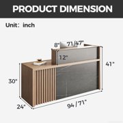 71 L-Shaped Reception Desk with Counter — Front Desk Reception Counter with Lockable Drawer, Storage Cabinet & Cable Grommet for Office, Lobby, Checkout (Walnut & Stone Gray)