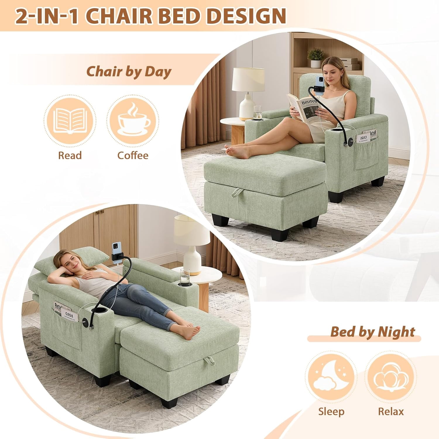 MOONMISS Oversized Chaise Lounge Chair Indoor, Single Convertible Recliner Reading Arm Sofa Chair W/Adjustable Backrest & Charging Port Couch Bed for Living Room, Home Theater & Bedroom,Green
