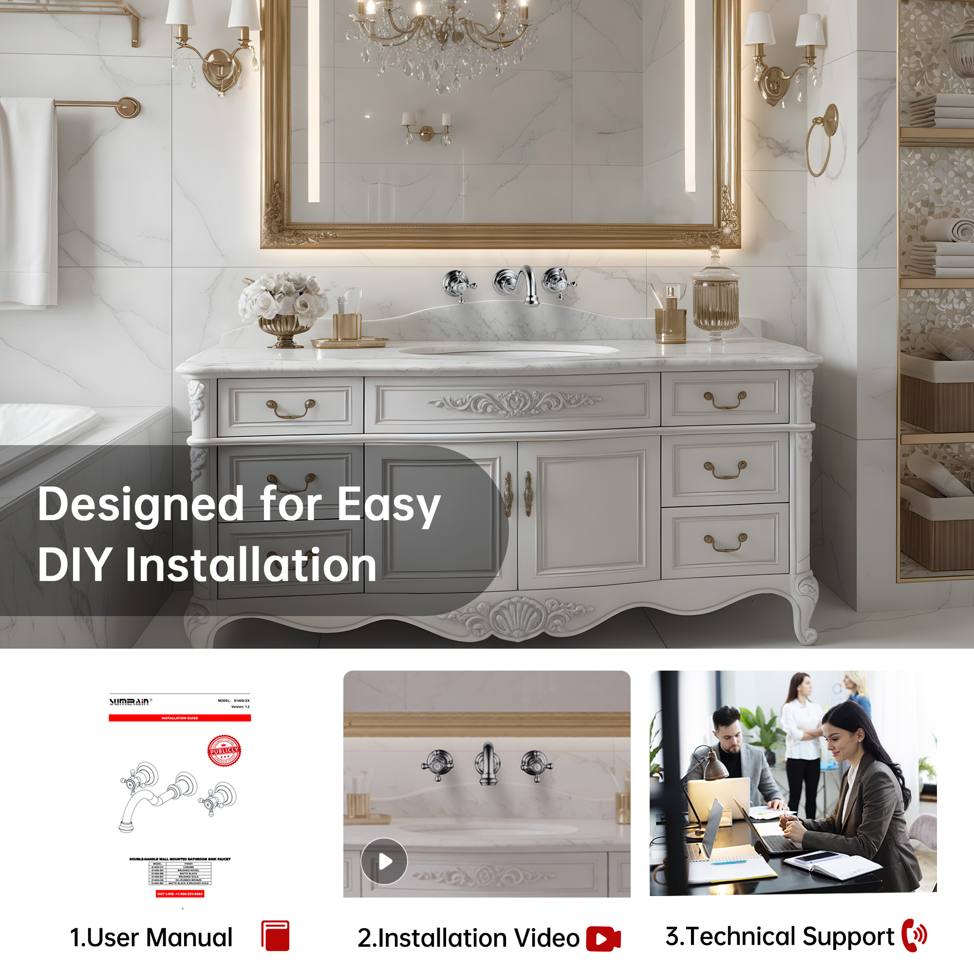 SUMERAIN Vintage Wall Mount Bathroom Vessel Sink Faucet,3 Holes Cross Knobs Lavatory Basin Faucet Chrome Finish with Included In-Wall Valve
