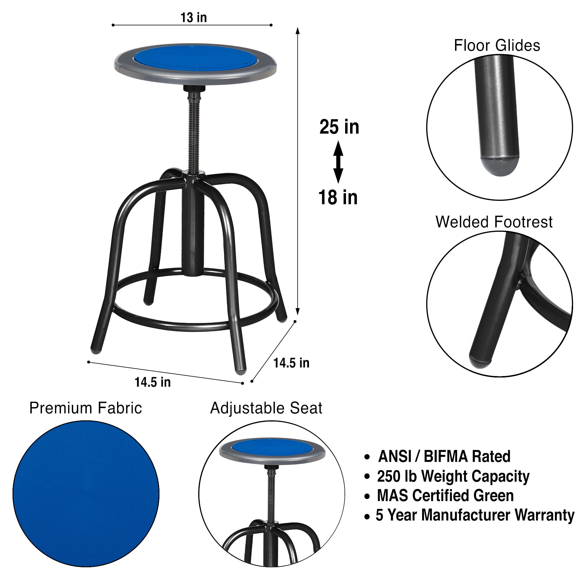 Vince Swivel Stool with Steel Seat, Black Frame, Grey Seat with Dark Blue Center
