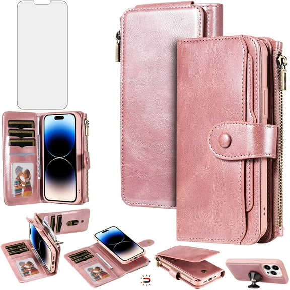 Phone Case for iPhone 14 Pro Max 6.7 inch Zipper Wallet Cover with Tempered Glass Screen Protector and Flip Card Holder Cell iPhone14promax 5G i Phone14Max Plus iPhone14 ProMax Women Rose Gold