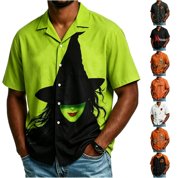 WJOSBXT Halloween Shirts For Men Button Down Short Sleeve T‑Shirt, Crew Neck Lightweight Breathable Collared Shirt Loose Fit Lapel Holiday Graphic Tees for Men 2XL