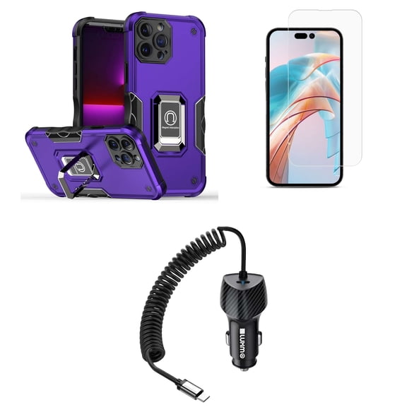 Bemz Phone Case for iPhone 15 with Camera Protection Heavy Duty Magnetic Kickstand Cover, Glass Screen Protector, 40W Car Charger (USB-C Port) - 5 Foot (Dark Purple)