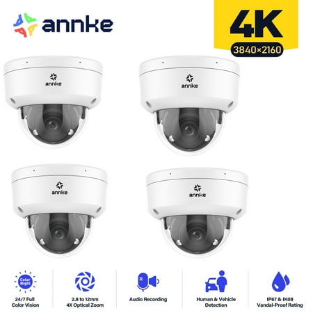 ANNKE Ultra HD 4K 8MP 4Pcs PoE Camera with Mic, Optical Zoom IP Camera with 2.8mm～12mm Lens, Smart Dual Light, Color Night Vision, Human&Vehicle Detection, IP67 & IK08 Vandal-Proof