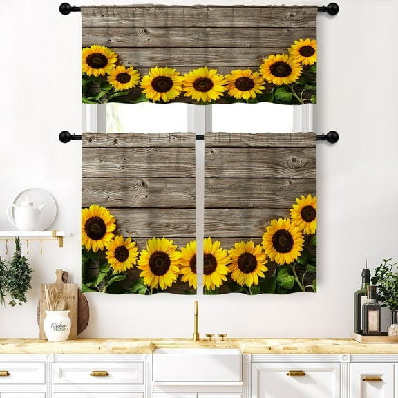 Sunflower Kitchen Curtains Sets for Windows Wood Sunflower Rod Pocket Short Tier Curtain Yellow Farmhouse Kitchen Curtains Decor 3 Piece Kitchen Curtains
