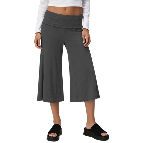 Womens Cropped Pants Fold Over Cropped Pant Wide Leg Yoga Culotte Bottoms Work Summer Fashion Trousers Pants For Women