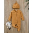 thumbnail image 2 of goowrom Babies Two-piece Clothes Set, Solid Color Round Collar Long Sleeve Footie and Cap, 0-24 Months, 2 of 8
