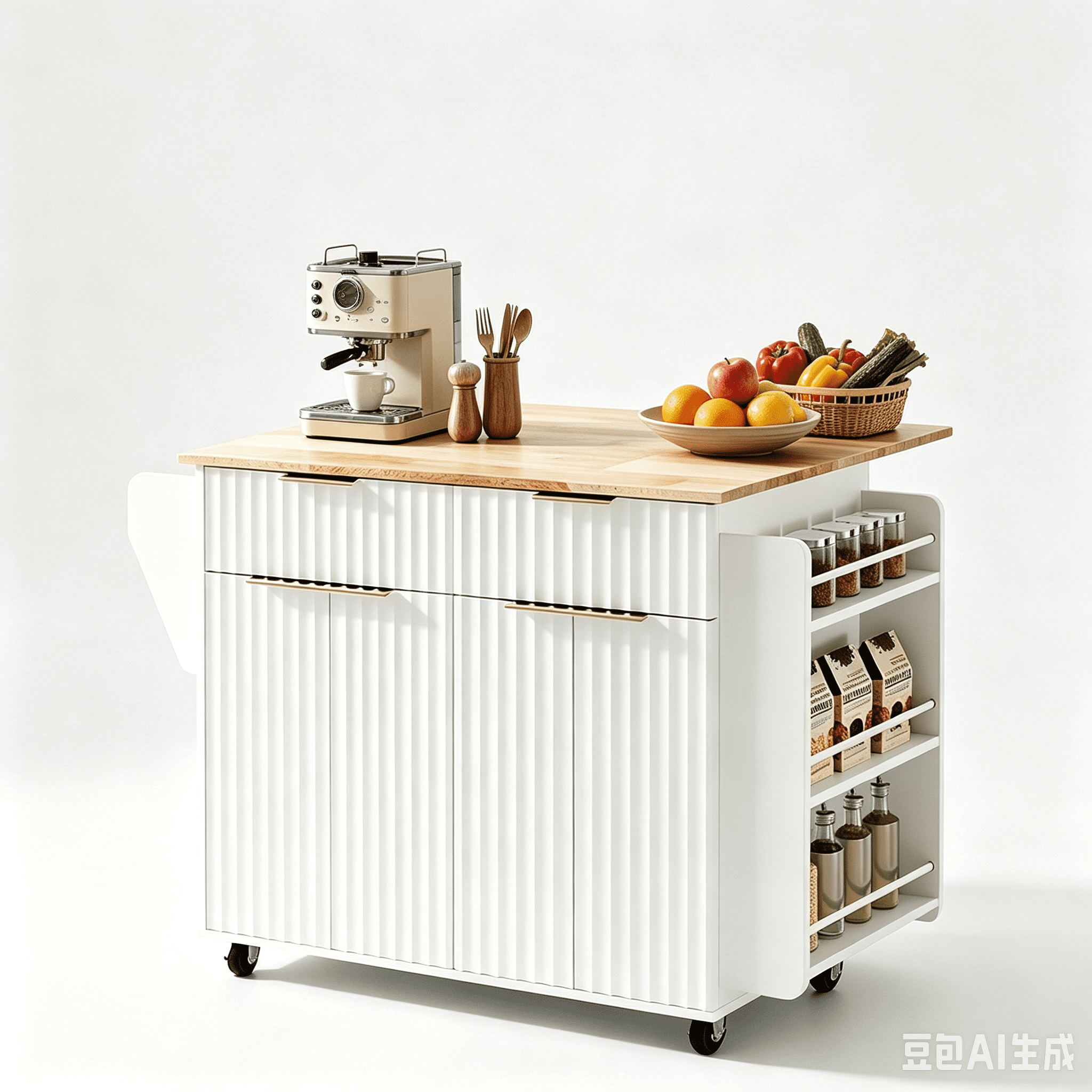 4-Door 2-Drawer Grille Food Cart Champagne Gold Thermoformed Door Panels Bakelite Handles Bakelite Countertop MDF Cabinets and Serving Sideboard, 43.07*29.17*32.68in White
