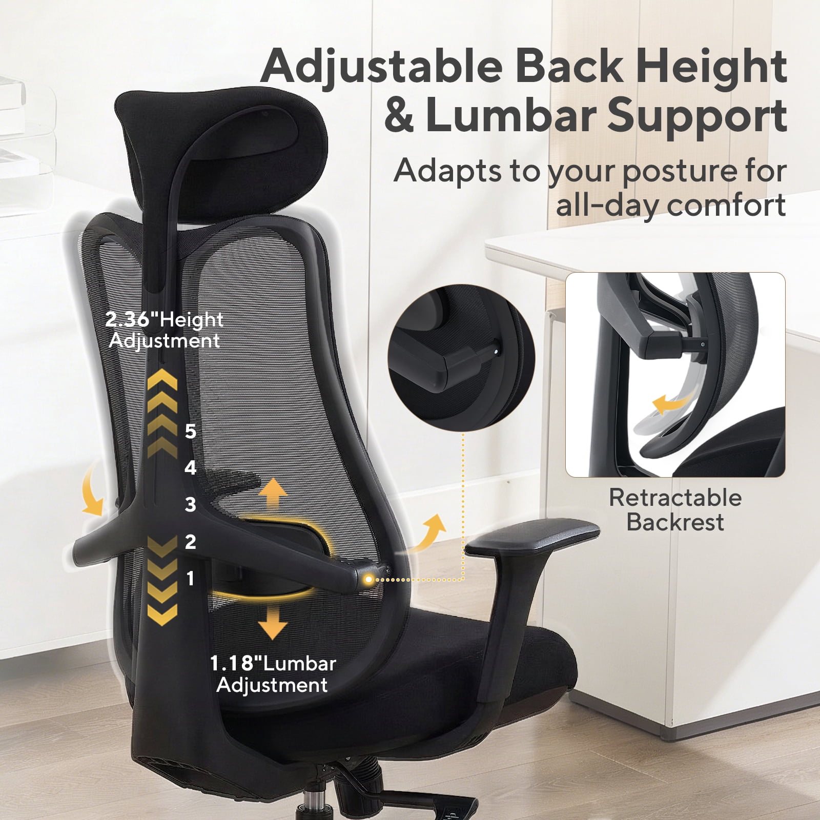Nouhaus Fluido Ergonomic Office Chair - Adjustable Back Height & Dynamic Lumbar Support, High Back Mesh Executive Desk Chair, Black