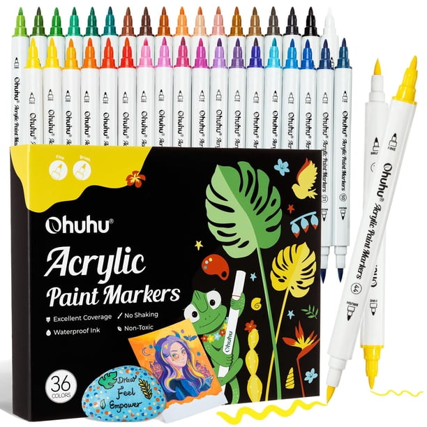 Marcadores de pintura Ohuhu, acrílico, 36 colores, puntas dobles, impermeables