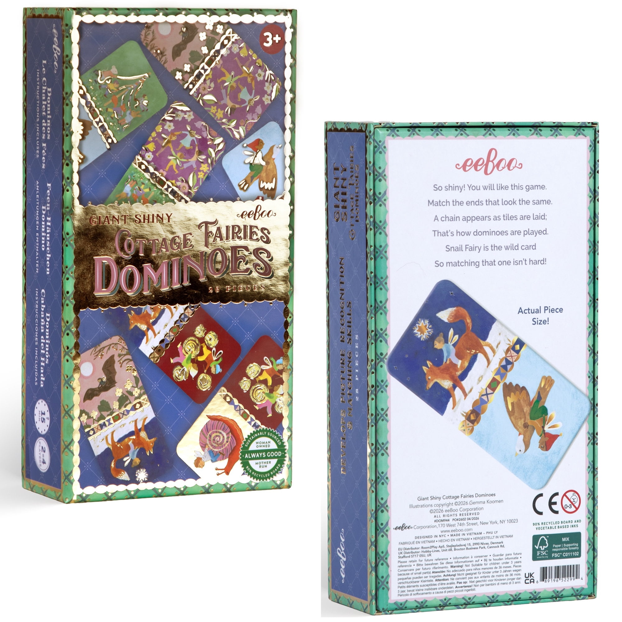 eeBoo Cottage Fairies Giant Shiny Dominoes, Ages 3+, For 2+ Players - Reinforces Matching, Counting, And Sequencing Skills Through Hands-On Play