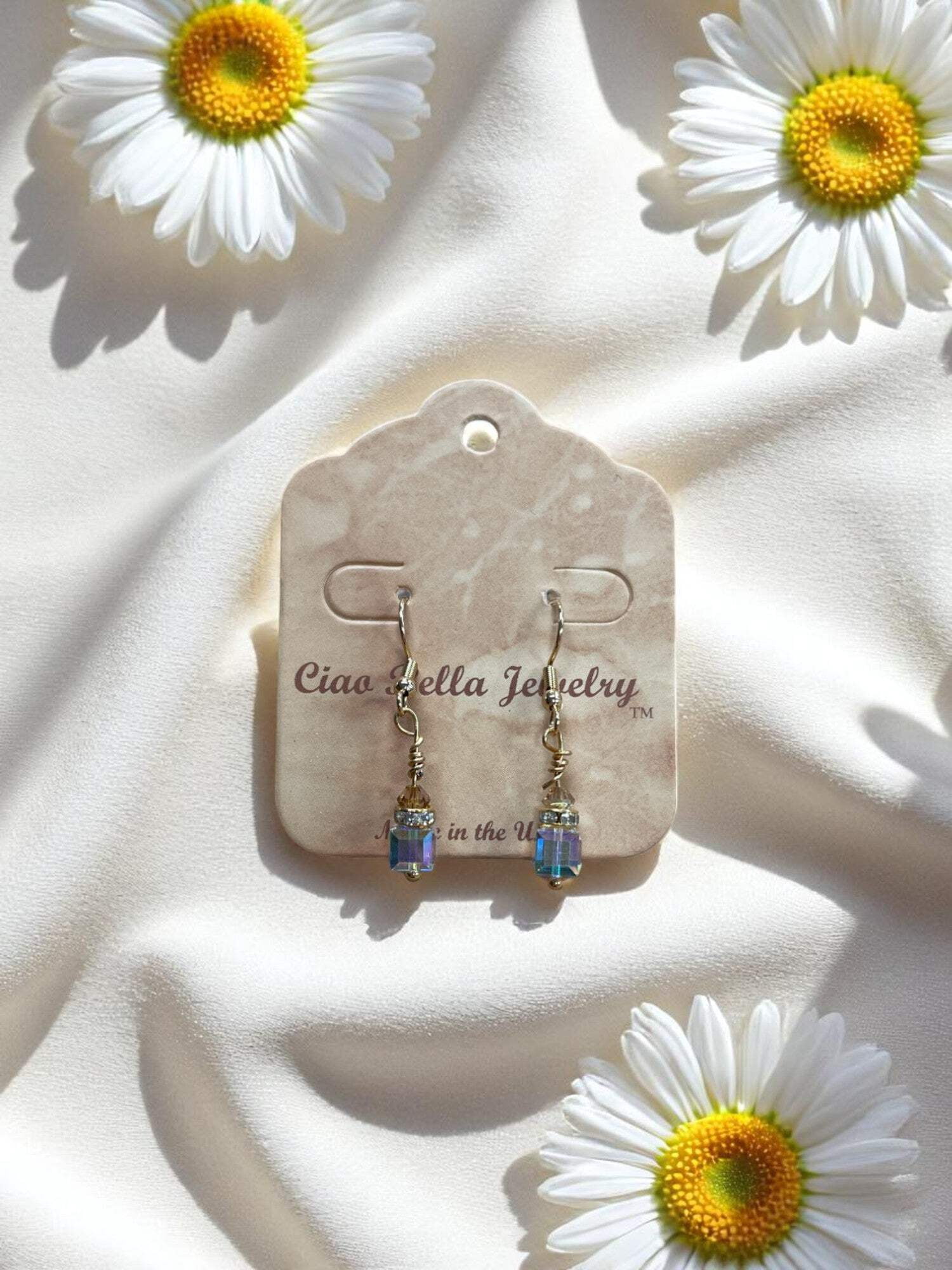 Crystal Cube Drop Earrings | Topaz, Light Yellow  Clear Accents