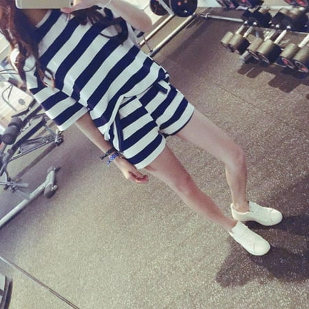 

Fantadool Casual Sleepwear Woman Short Sleeve Pajama Set Round Neck Striped Print top Shorts Pajama Set