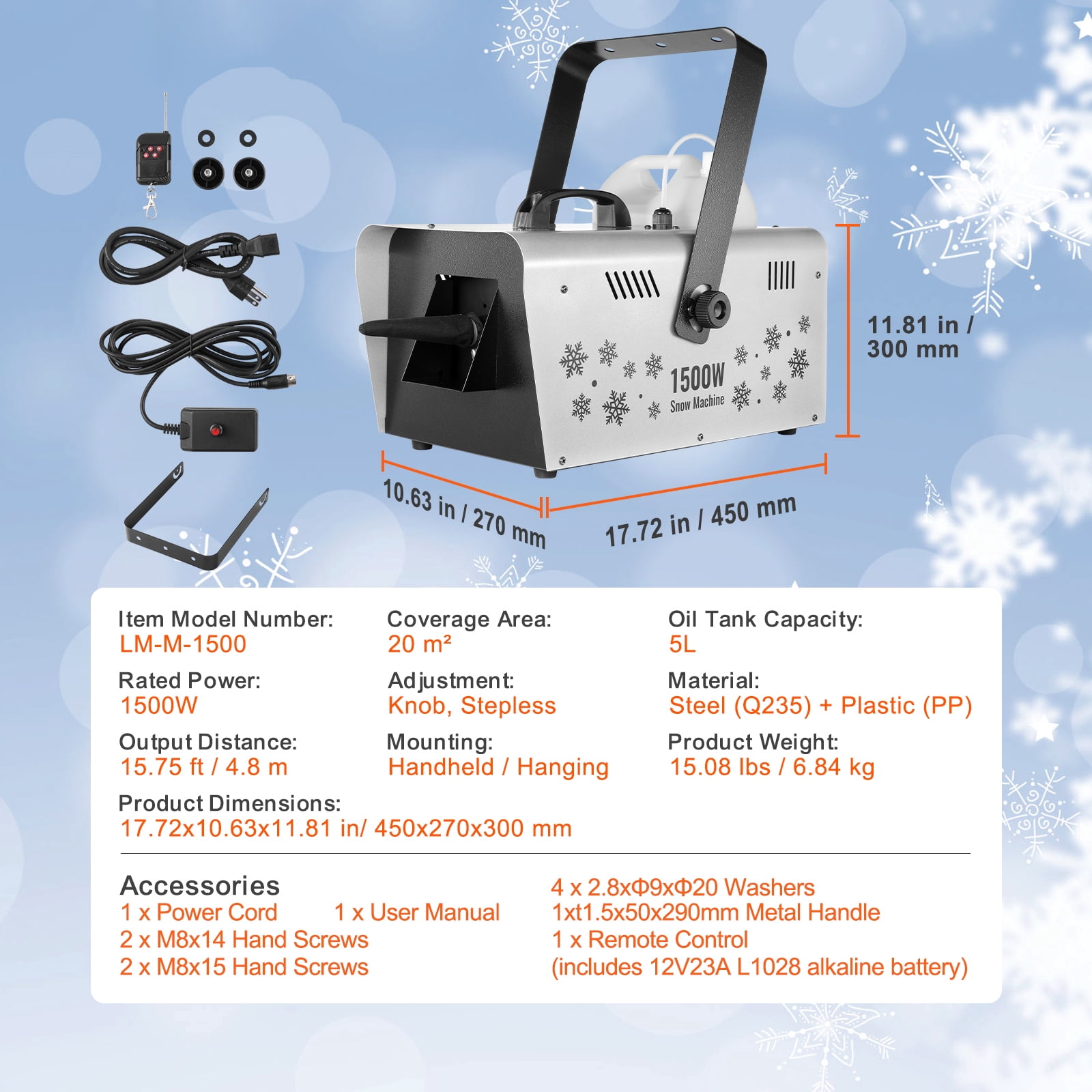 KFFKFF Snow Creator, 1500W, Versatile Mounting Snowflake Generator, Remote Operated Indoor Snow Producer with 5L Capacity, Efficient Synthetic Snow Machine for Christmas, Parties, Weddings