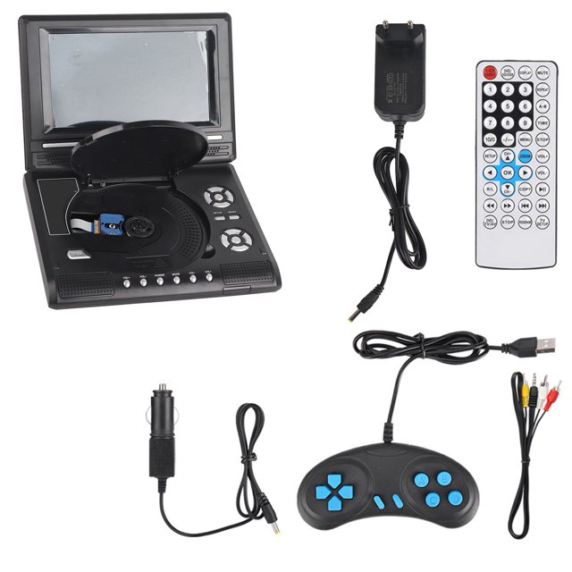 Reproductor de DVD portátil de 7 pulgadas, pantalla giratoria, TV recargable, cargador de coche, Gamepad 100-240V, enchufe europeo