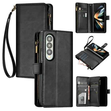 Samsung Galaxy Z FOLD 4 Case , Card Slots PU Leather Folio Flip Wallet Zipper Compatible with Samsung Galaxy Z FOLD 4 Cover