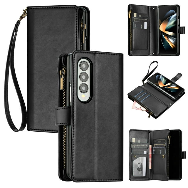 Compatible avec Samsung Galaxy Z Fold3 5G Étui Portefeuille Premium à Fermeture Éclair Grand Espace à Rabat en Cuir PU