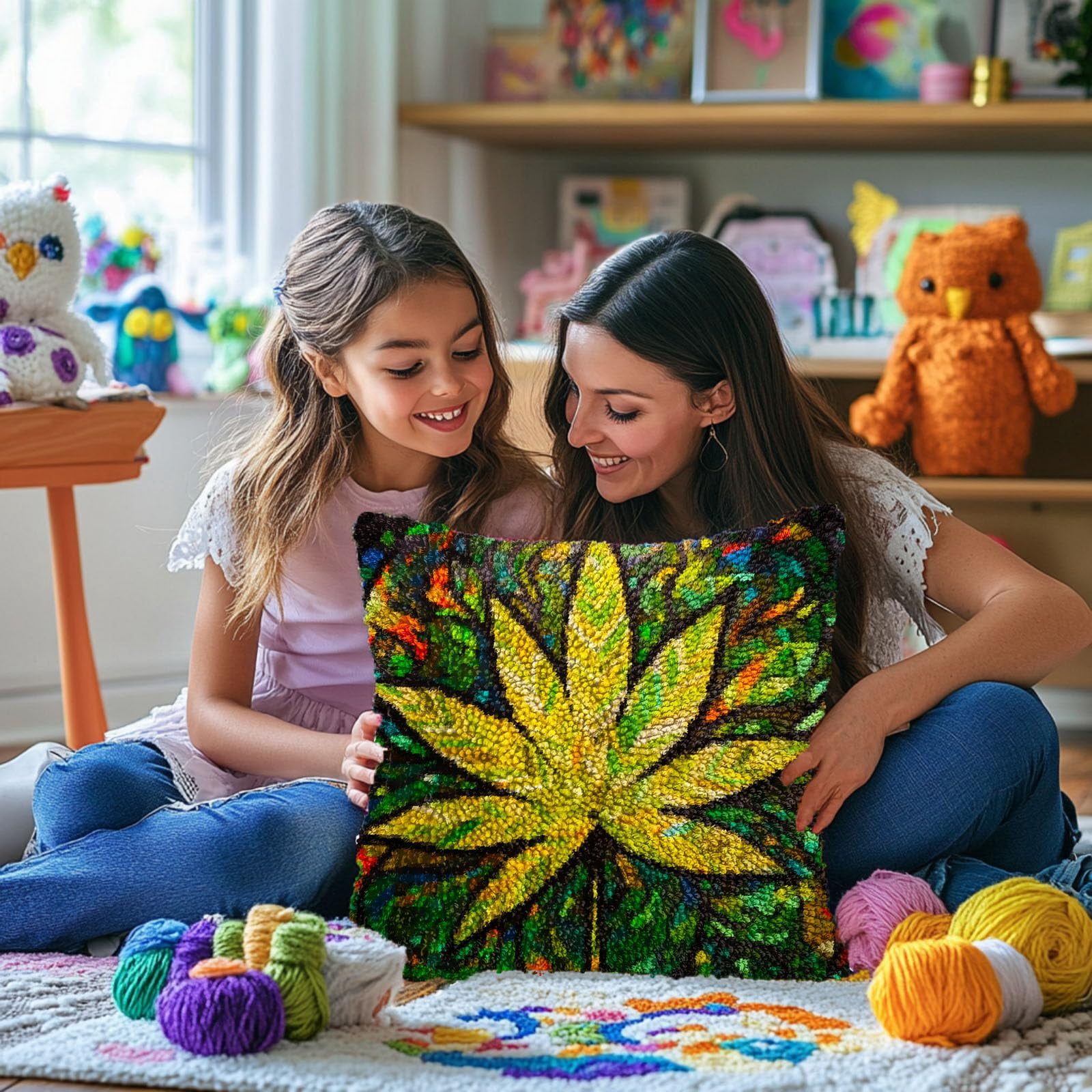 Stained Glass Marijuana Leaf DIY Latch Hook Pillow Kits for Adults Printed Pillowcase Crochet Yarns Hooking Handmade Pillow Cover Cushion for Home Sofa Decoration 17x17inch