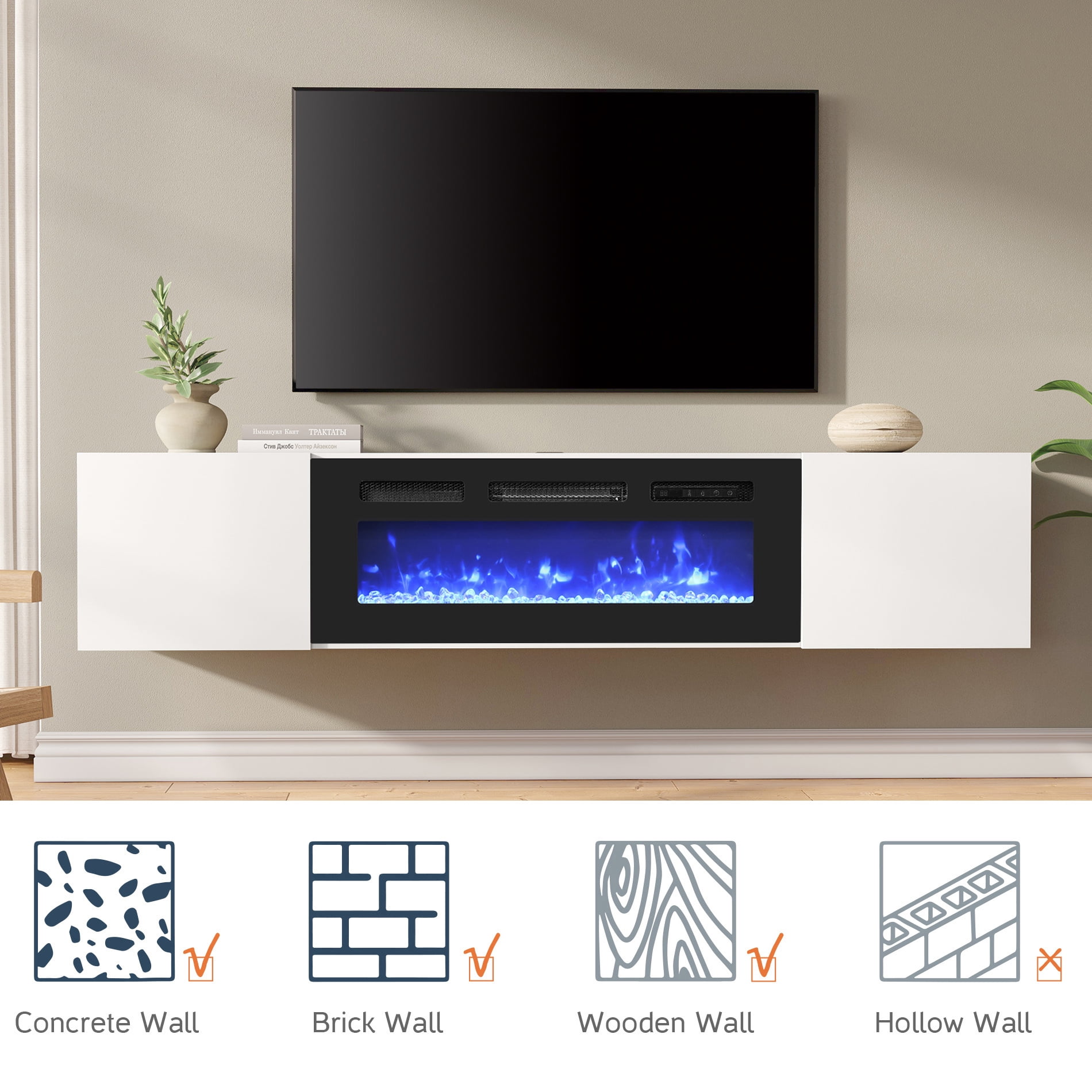 36"Fireplace Floating TV Stand with Side Storage and Yellow Light for TVs up to 80inch
