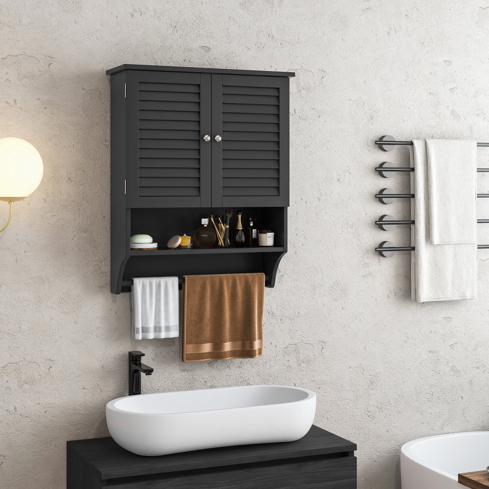 Giantex Wall Mounted Bathroom Cabinet w/Bar, Medicine Cabinet w/Double Louvered Doors, Storage Cabinet, Black