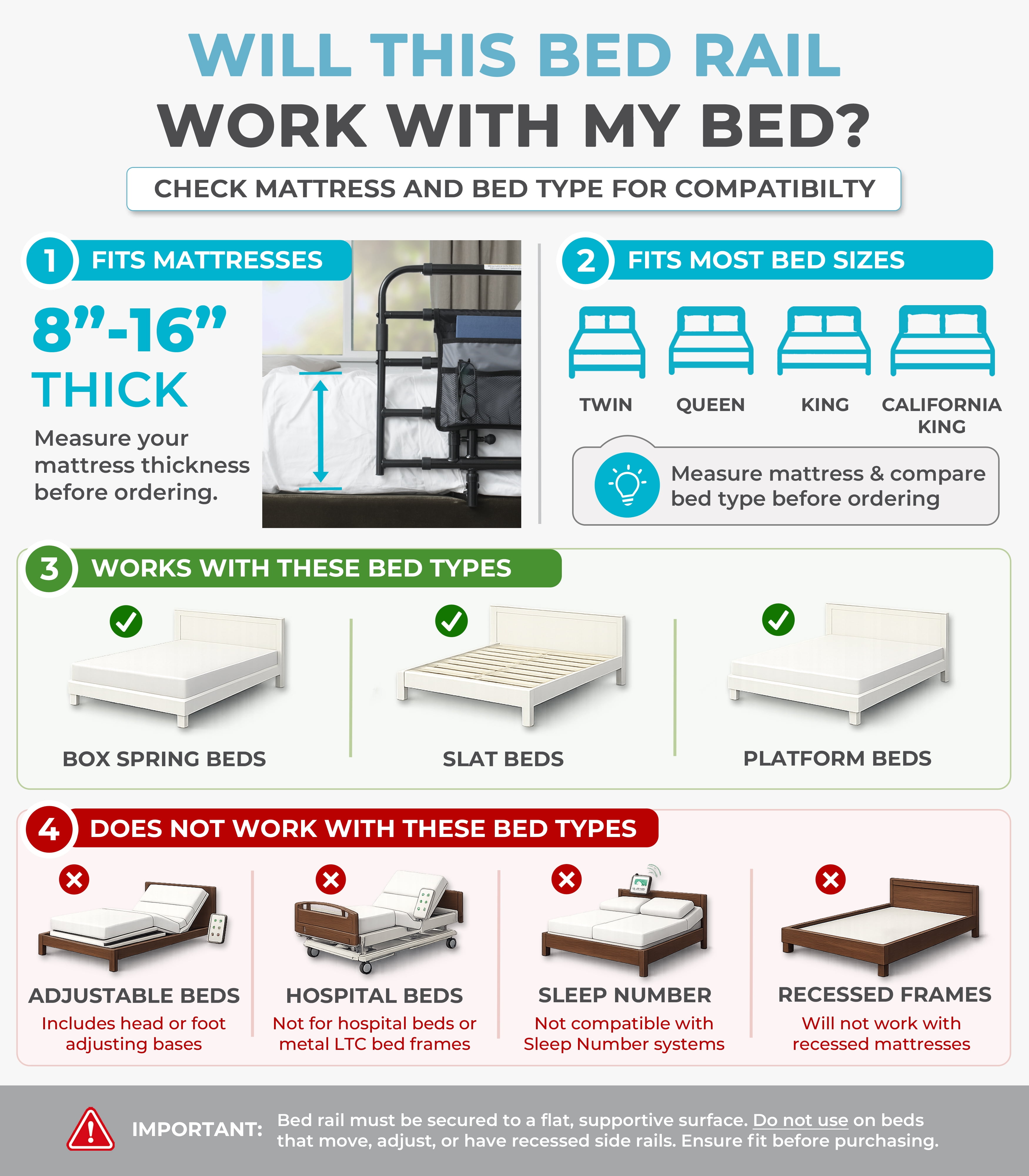 Stander Wonder Pivot Bed Rail Tall, Adjustable Safety Assist Railing with Swing Down Guardrail for Elderly Adults, Fits Taller Mattresses 8 to 16 Inches Thick, ASTM Safety Approved Bedrail, Black