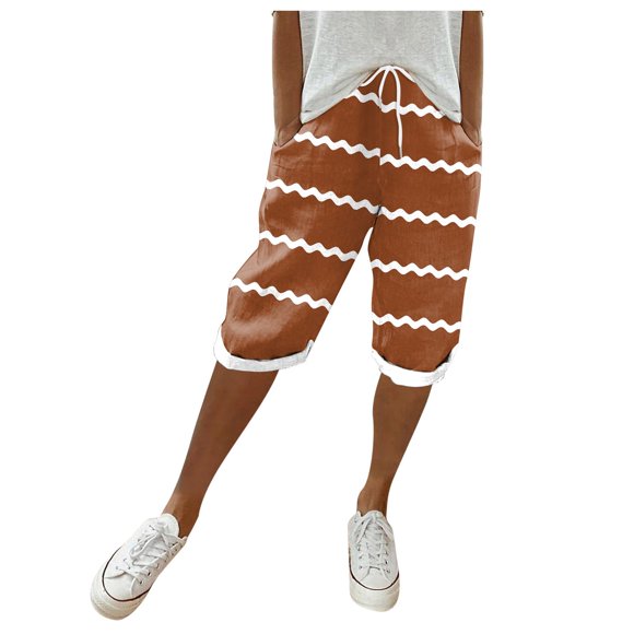 Shorts pour Femmes Été Fins Respirants Contrastants Pantalons Droits Tube Ample Extensibles Pantalons de Yoga avec Poche Shorts de Sport Femmes Café TG