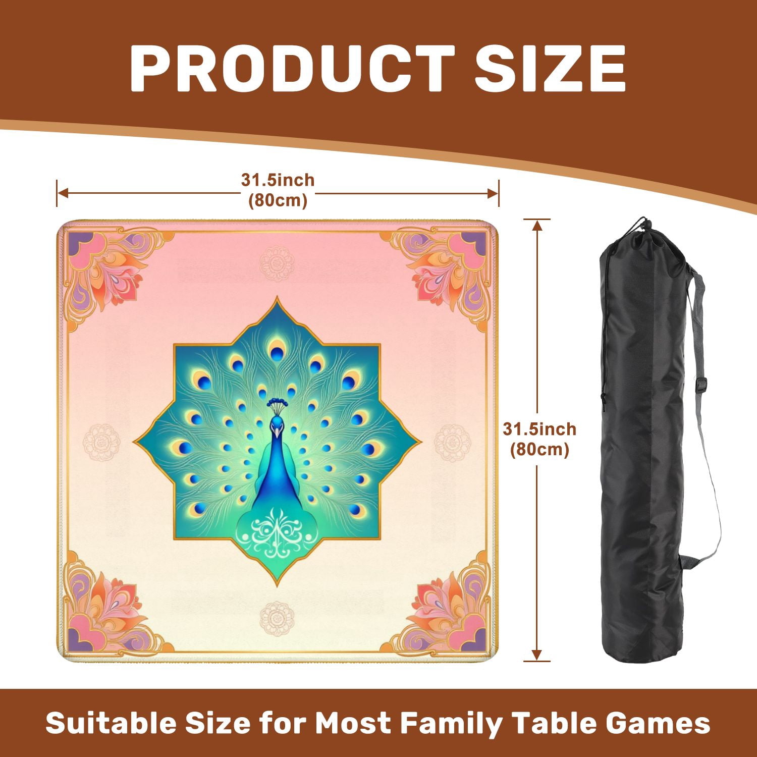 Mahjong Mat 31.5" x 31.5" Majestic Blue Peacock Vibrant Feathers Ornamental Geometric Frame Non-Slip Noise Reduction American Mahjong Tiles Table Cover for Dominoes Poker Card Board Games Gift