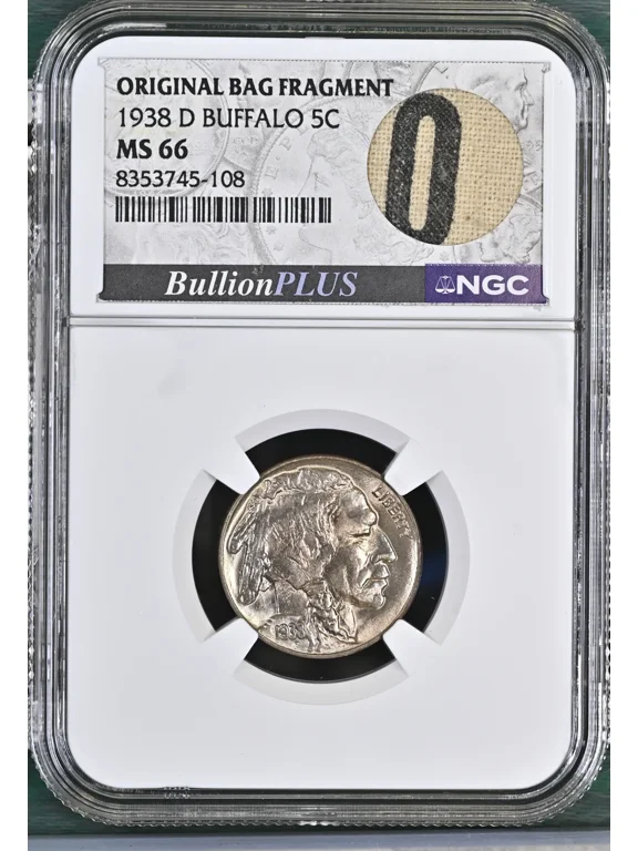 1938 D Buffalo Nickel NGC MS-66 ORIGINAL BAG FRAGMENT WITH BAG LETTERING