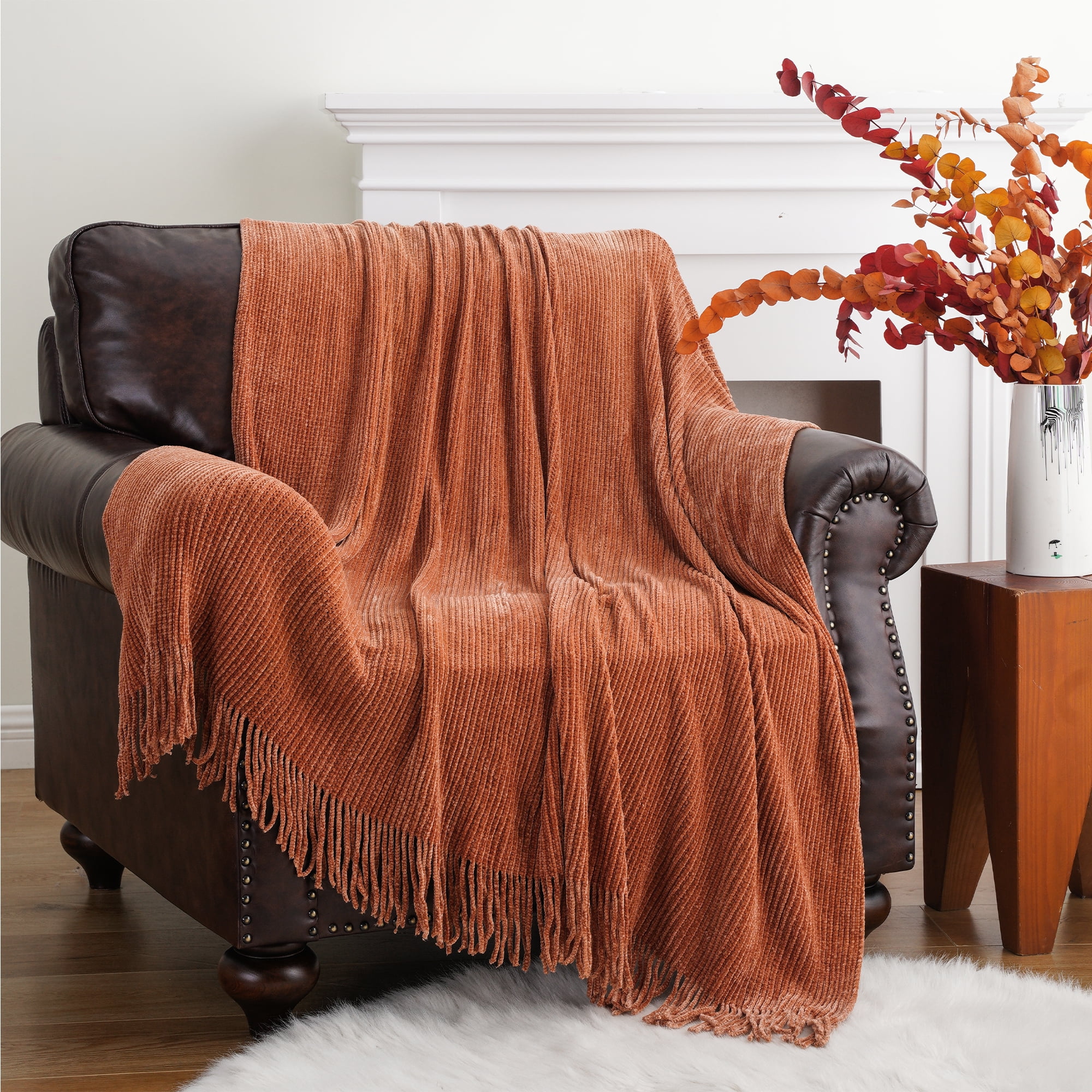 Battilo Rust Orange Throw Blanket, Soft Chenille Knit Throws with Tassels, Caramel Blanket,50"x60"