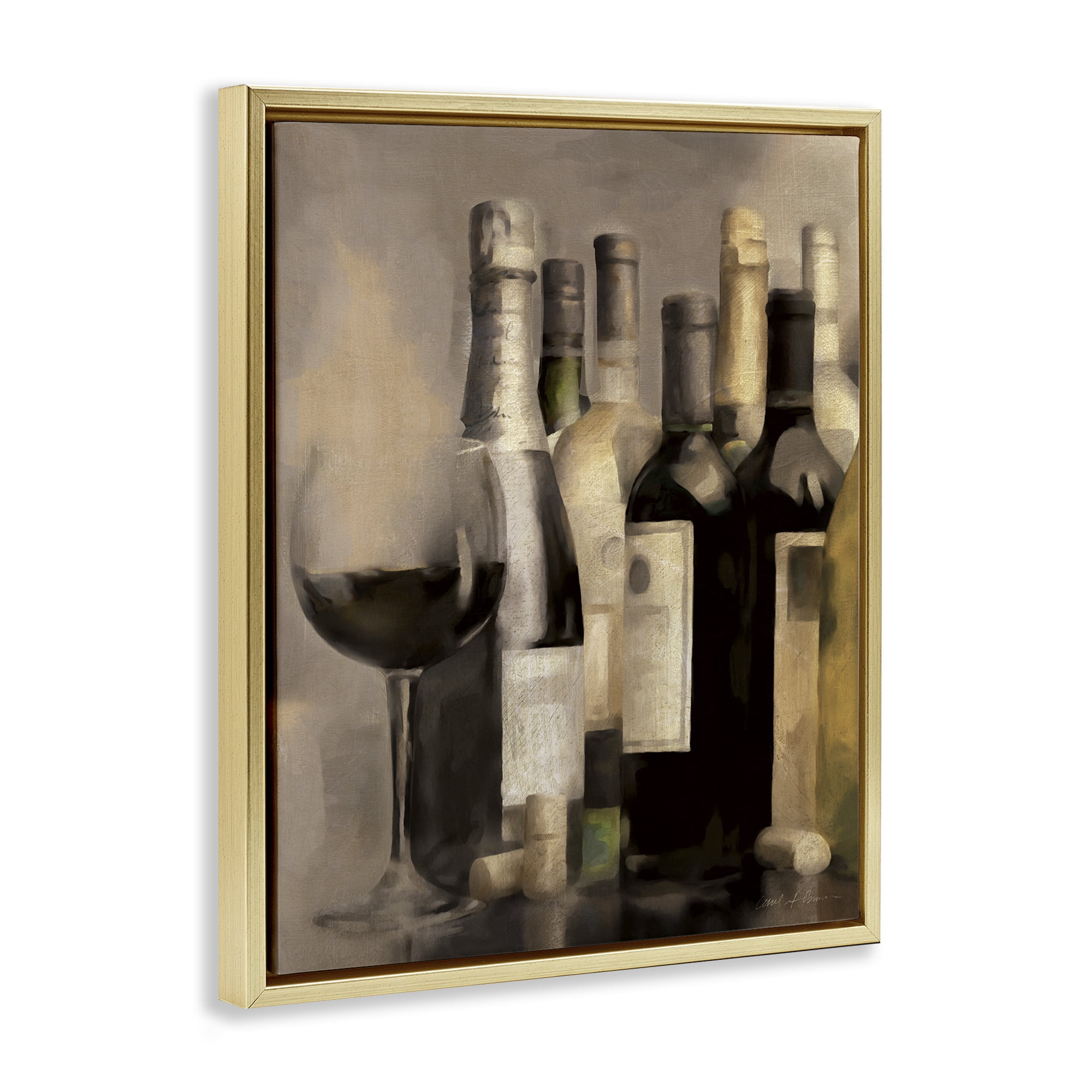 Stupell Industries Wine Glass with Bottles Food & Beverage Painting Gold Floater Framed Canvas Art Print Wall Art, 17 x 21