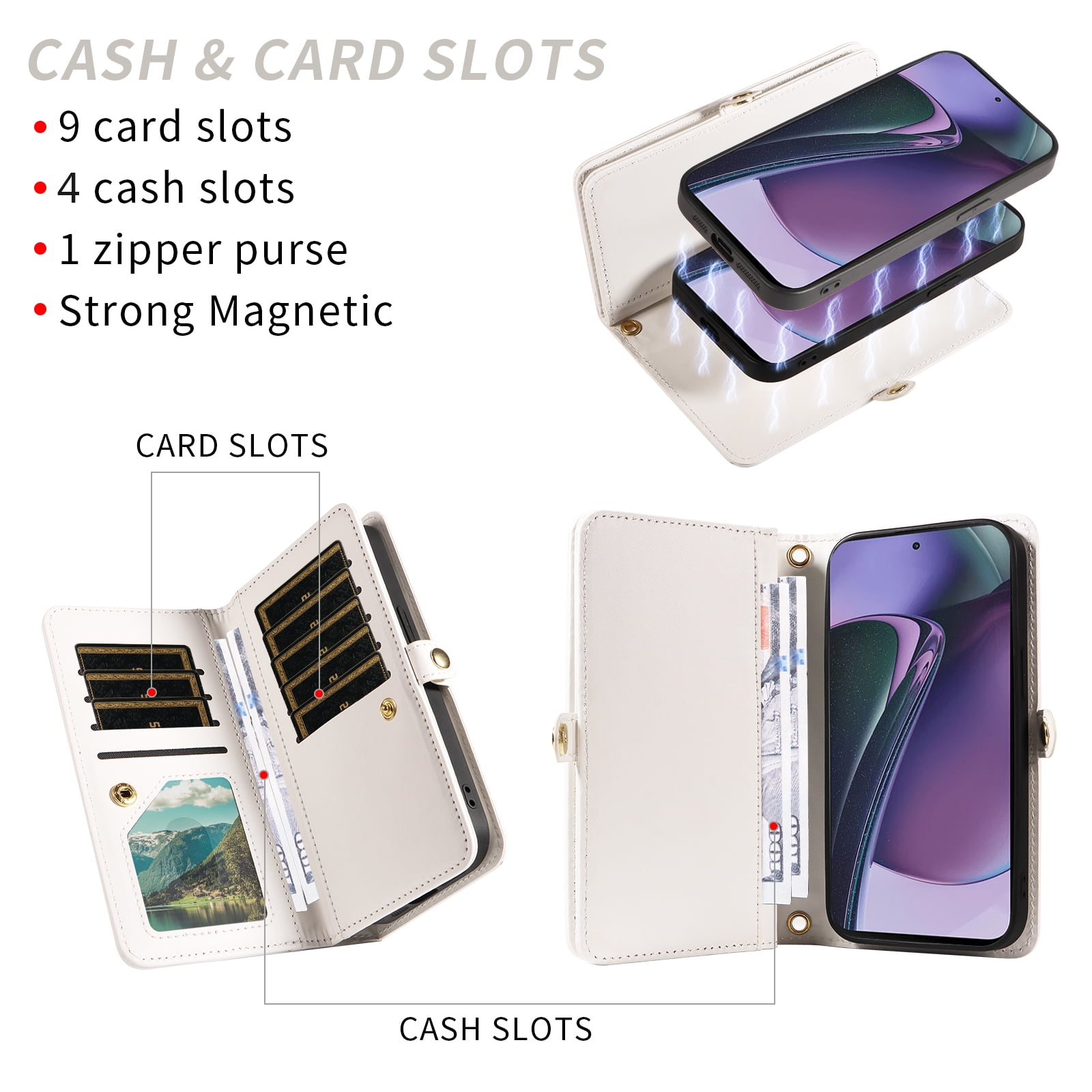 Asuwish Phone Case for Motorola Moto G Stylus 5G 2023 Zipper Wallet Detachable Cell Cover with Tempered Glass Screen Protector Crossbody Lanyard Strap Bling Glitter Flip Card Holder Slot Women White