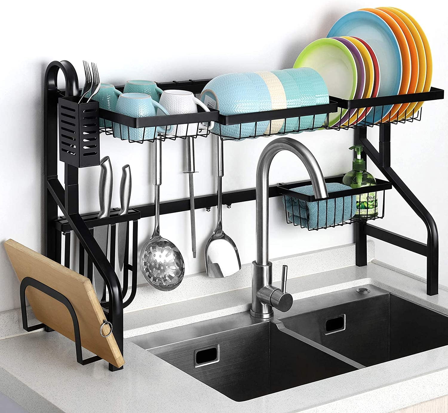 Over The Sink Dish Drying Rack, Adjustable (26.3 to 34.3 inch)  2 Tier Kitchen Counter Dish Drying Rack with Utensil Holder Metal Utility  Hook, Black