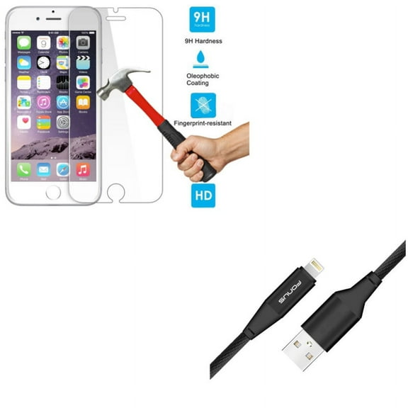 iPhone 8/7/6S/6 - Charger Cord 10ft USB Cable w Tempered Glass Screen Protector - Power Wire Braided Long Sync, HD Clear 2.5D Round Edges Display Cover Guard for iPhone 8/7/6S/6