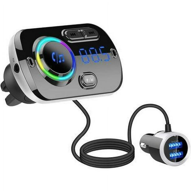 Transmisor Fm Bluetooth para Radio de Coche, Hidou Adaptador Bluetooth 5.0 para Receptor de Radio de Coche con Cargador de Mechero de 7 Colores, Qc3.0/2.4a, Siri Google Assistant, Kit Manos
