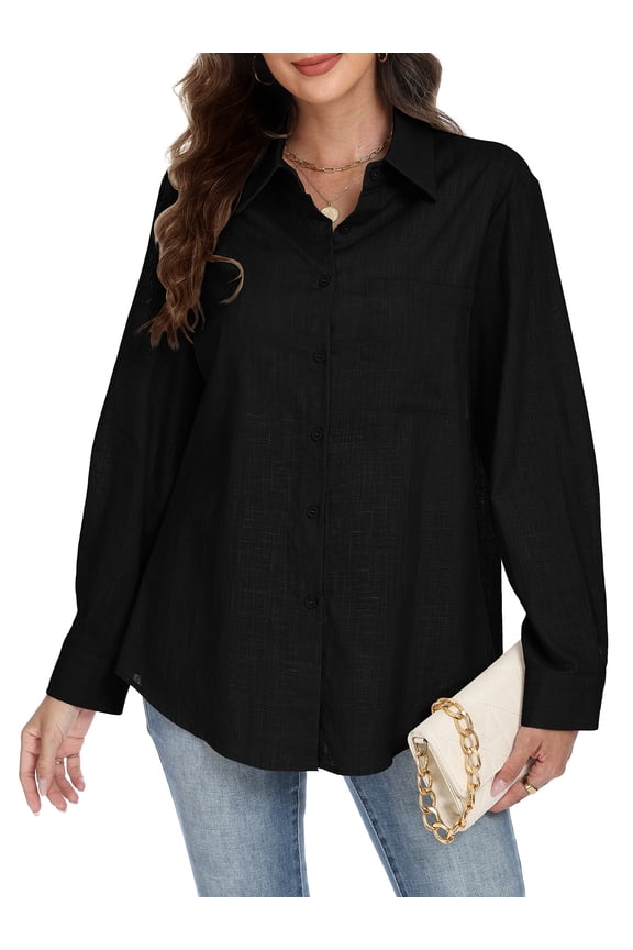 Button Down Shirts for Women Dressy Casual Solid Color Long Sleeve Collared Blouse Office Work Tops with Pockets Size XXL