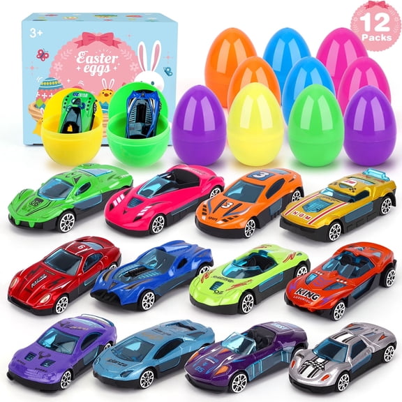 Sumsoltic 12 Pack Prefilled Easter Eggs with Racing Car Toys - Easter Basket Stuffers, Classroom Party Favors for Kids Ages 3 , Egg Hunt Filler Stuffer