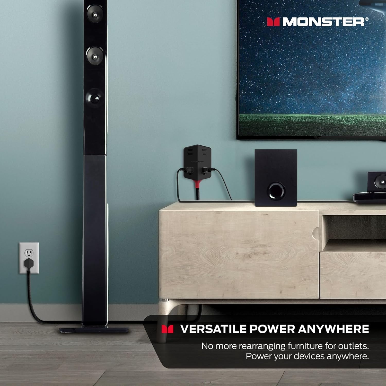 Monster Power Shield Magnetic Wall Outlet Extender, 2 AC Outlets, 3 USB-A & 1 USB-C Port (20W)