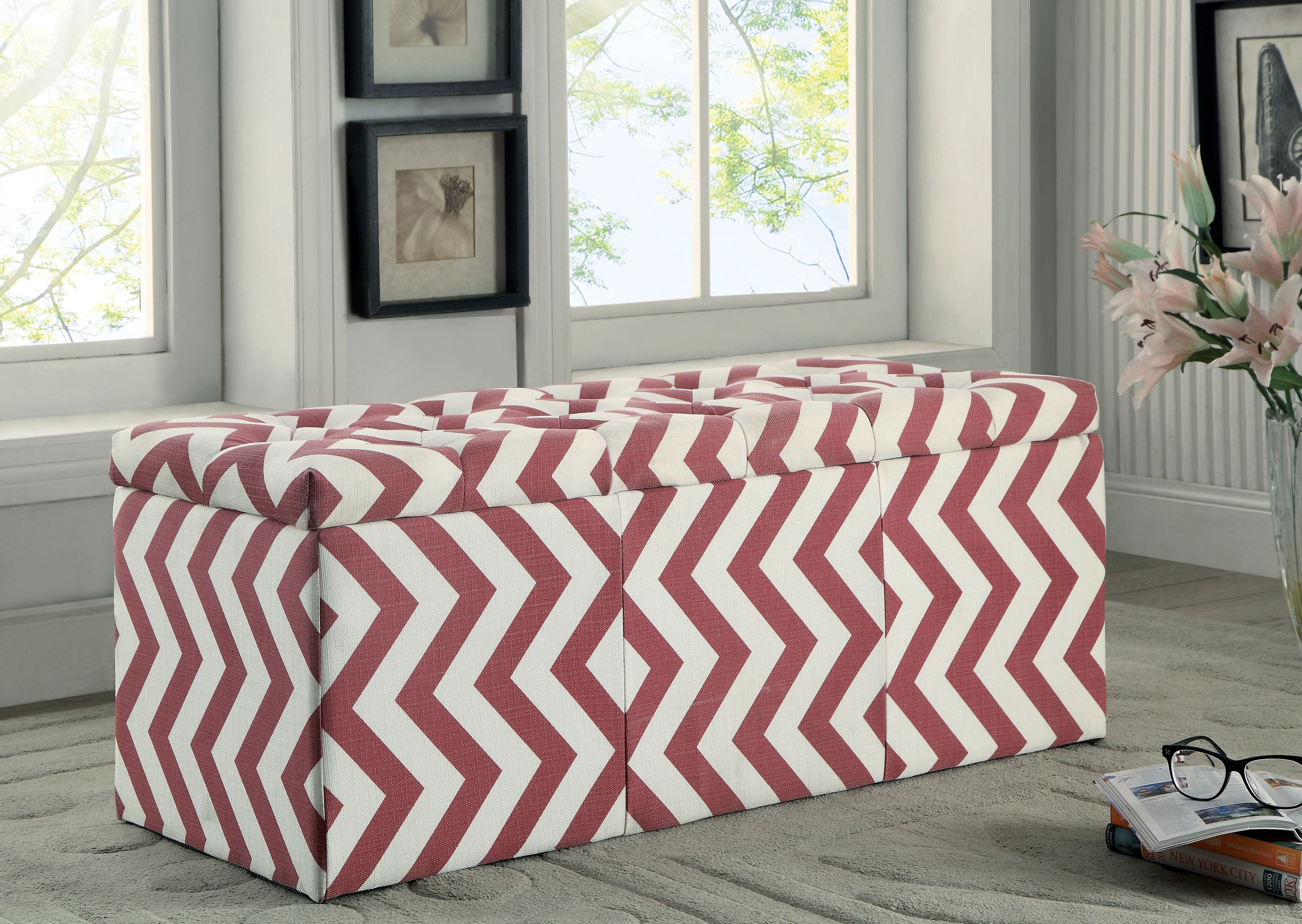 Furniture of America Aiden Rectangular Lift Top Bench Ottoman, Red/White