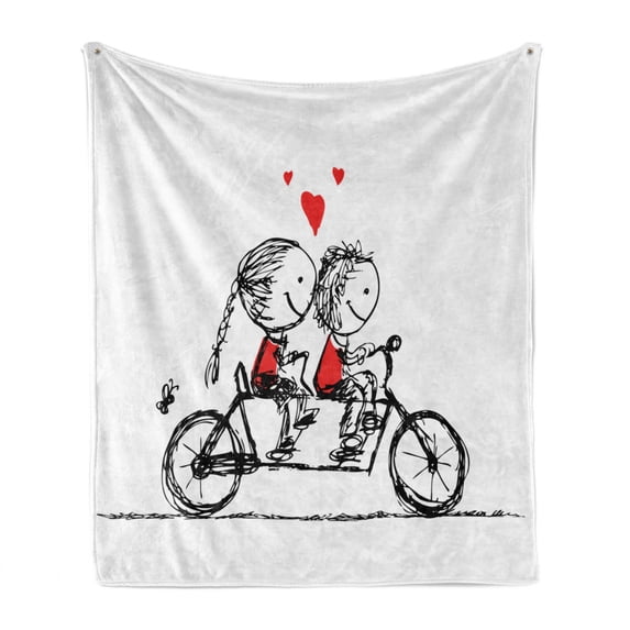Bicycle Soft Flannel Fleece Blanket, Children Love Couple Cycling Together Soul Mates Valentines Sketchy Print, Cozy Plush for Indoor and Outdoor Use, 70" x 90", Black White Scarlet, by Ambesonne