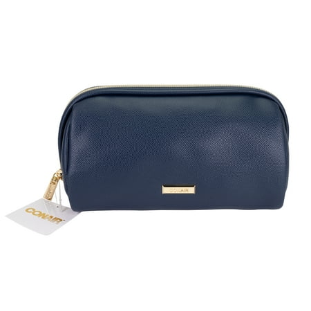 Conair Navy Caviar-Textured Pencil Case, Compact Beauty Organizer with Gold-Tone Hardware