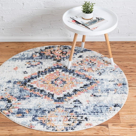 Unique Loom Morocco Collection Area Rug - Mediterranean (4' 1" Round Ivory/Light Blue)