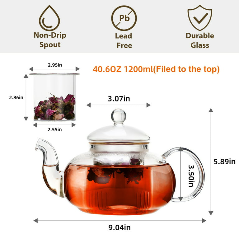 Glass Teapot, Zpose 40oz/1200ml Tea Pot with Removable Stainless Steel  Infuser, Clear Glass Tea Kettle with Scale Line, Stovetop Safe Teapot for